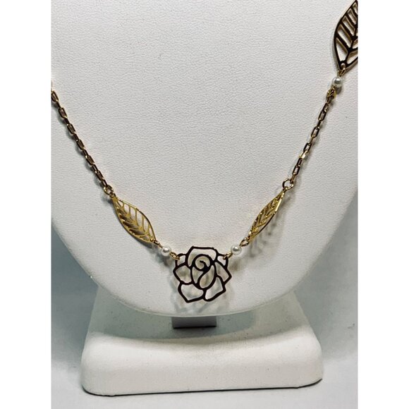 Faux Pearl, Gold Tone Open Work Rose And Leaf Cable Chain Necklace (5407) - Picture 2 of 5